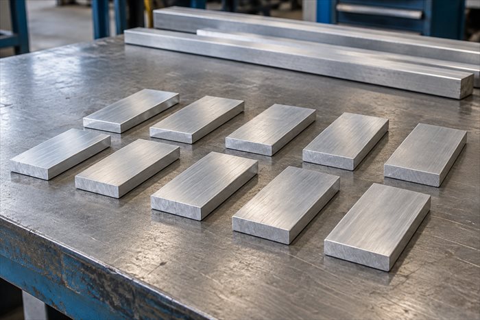 Cut aluminium flat bar pieces arranged for quantity checking