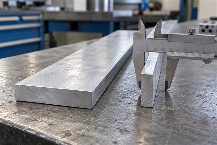 Checking aluminium flat bar dimensions with a vernier caliper