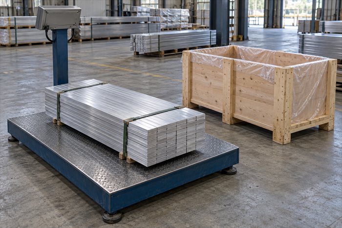 Aluminium flat bars on a platform scale beside an empty shipping crate