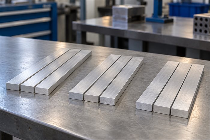 Aluminium flat bar samples arranged for material comparison