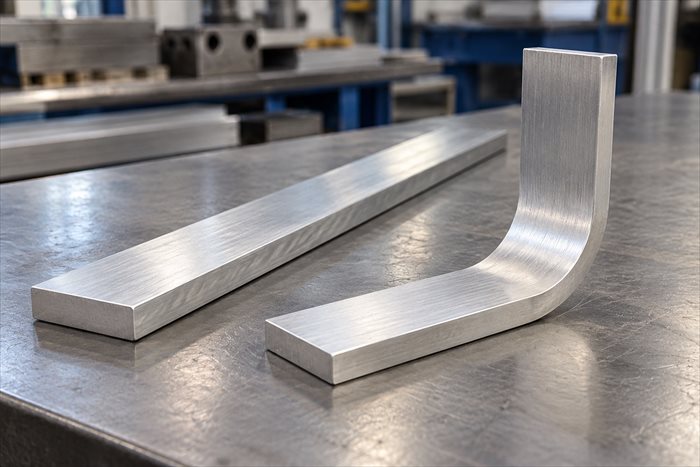Straight aluminium flat bar beside a smoothly bent sample