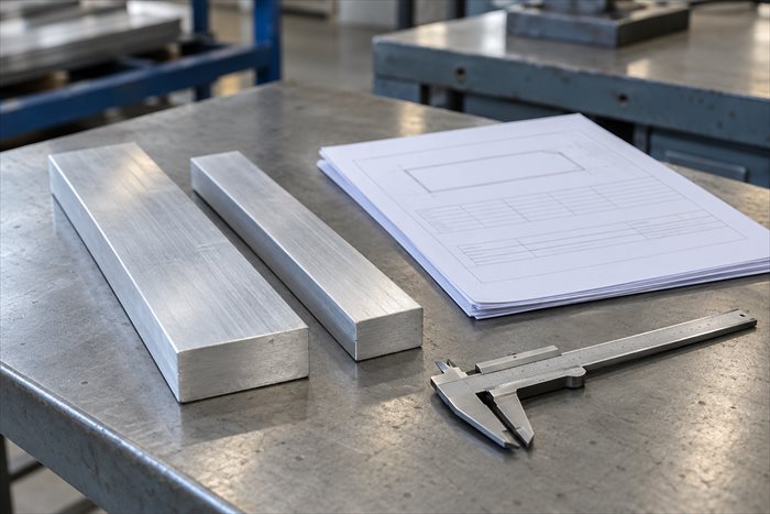 Aluminium flat bars beside material documents and a vernier caliper