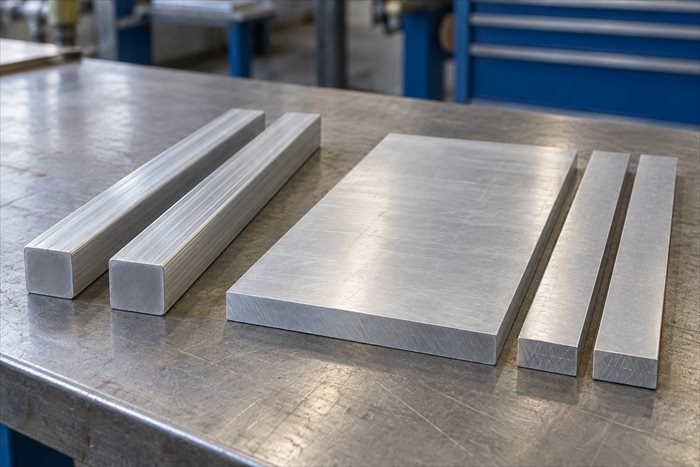 Aluminium bar stock, parent plate and cut strips illustrating two supply routes