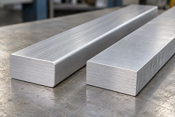 Aluminium flat bar samples showing long-edge geometry and saw-cut ends