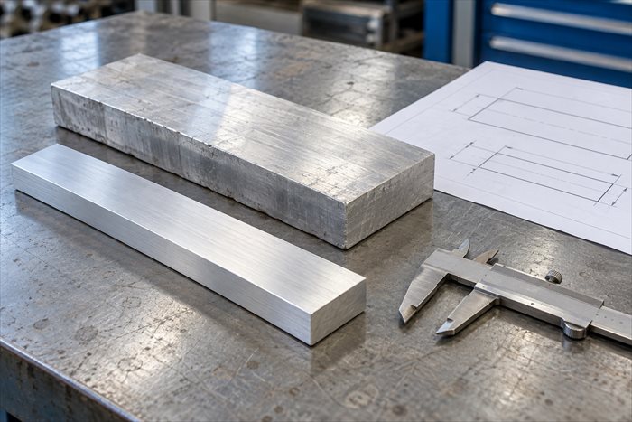 Aluminium blank and finished bar beside a drawing and vernier caliper